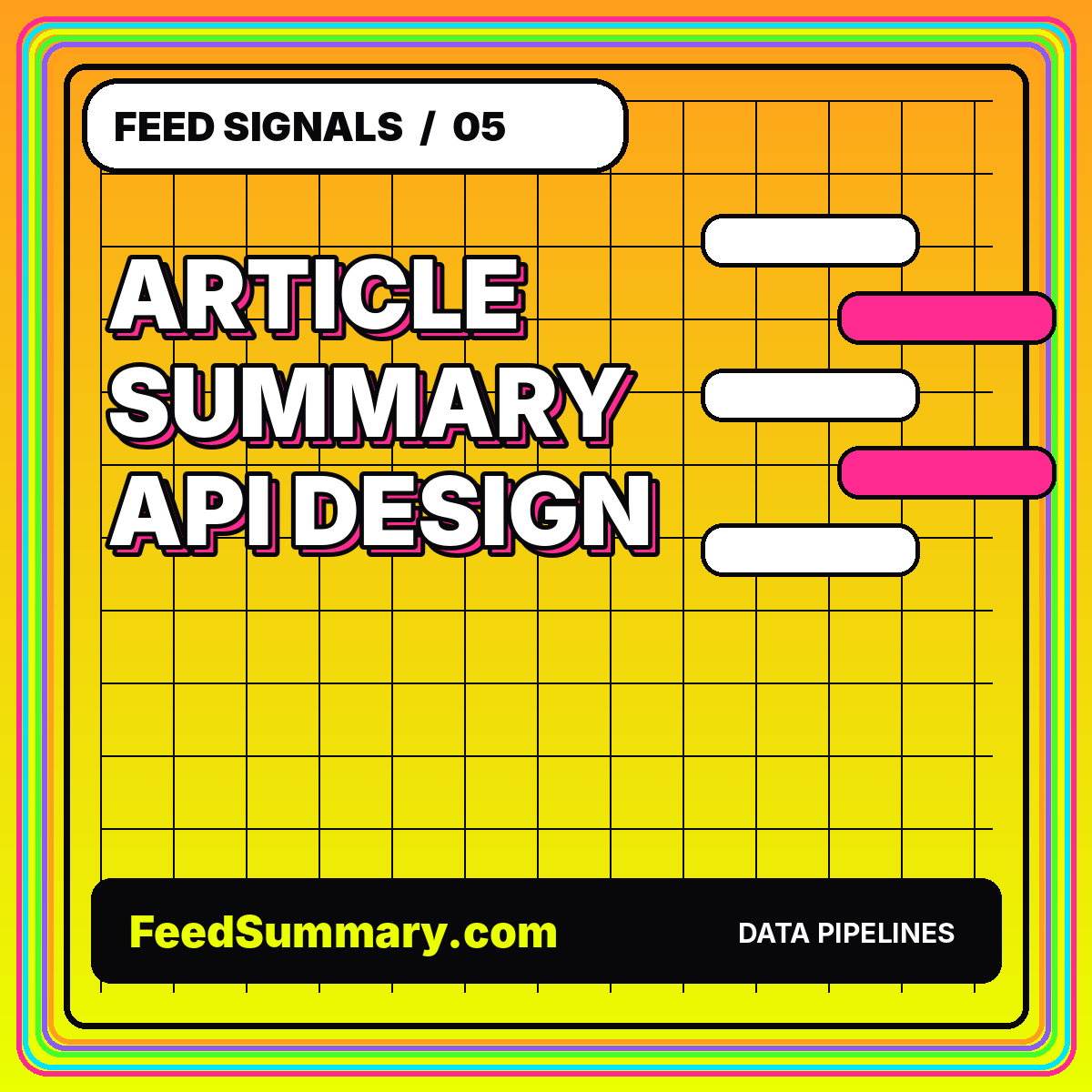 Neon editorial card for Designing an Article Summarizer API: Inputs, Outputs, and Quality Controls