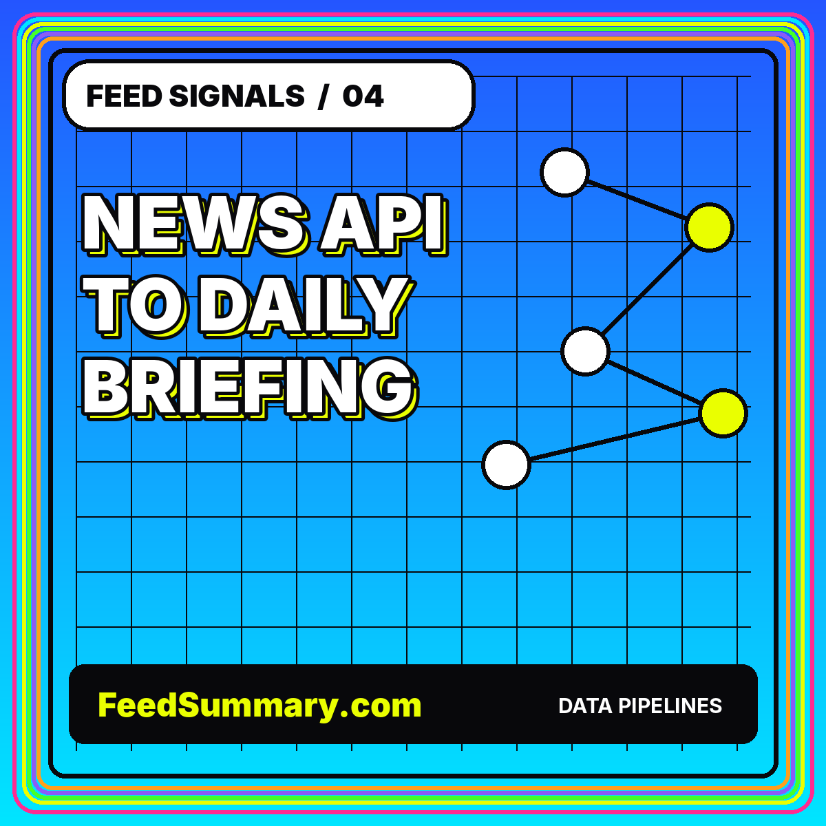 Neon editorial card for News API Feed Summary Pipelines: From Query to Briefing
